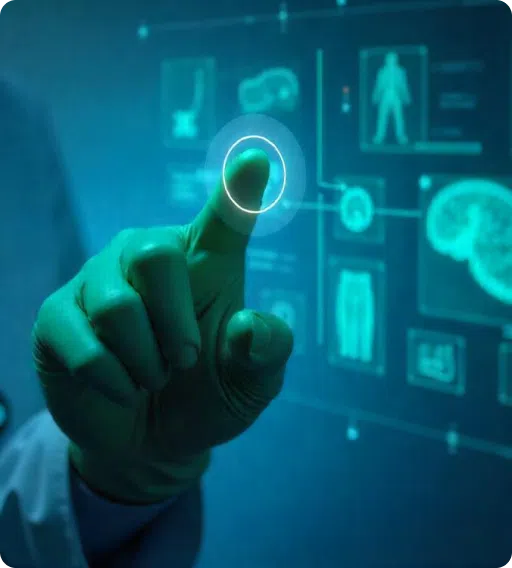 A hand interacts with a futuristic digital interface displaying medical data, representing the innovation provided by a custom hospital software development company.